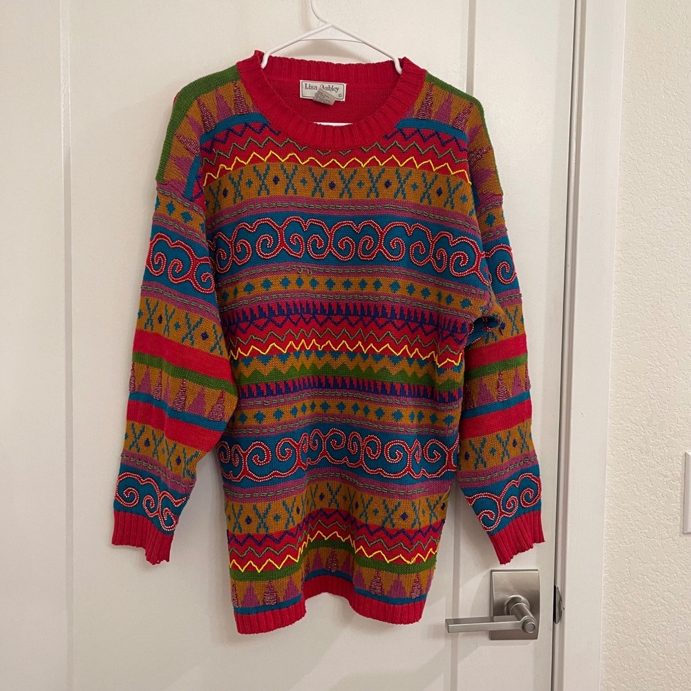 Vintage 80s Lisa Ashley Beaded Holiday Sweater Red Vibrant Eccentric